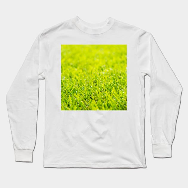 Dew Drops On Green Grass Long Sleeve T-Shirt by THP Creative